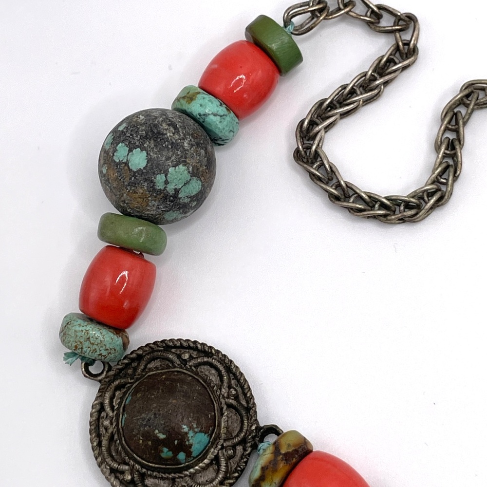 Vintage Tibetan Nepalese Style Turquoise Coral Stone Statement Necklace - Picture 7 of 13